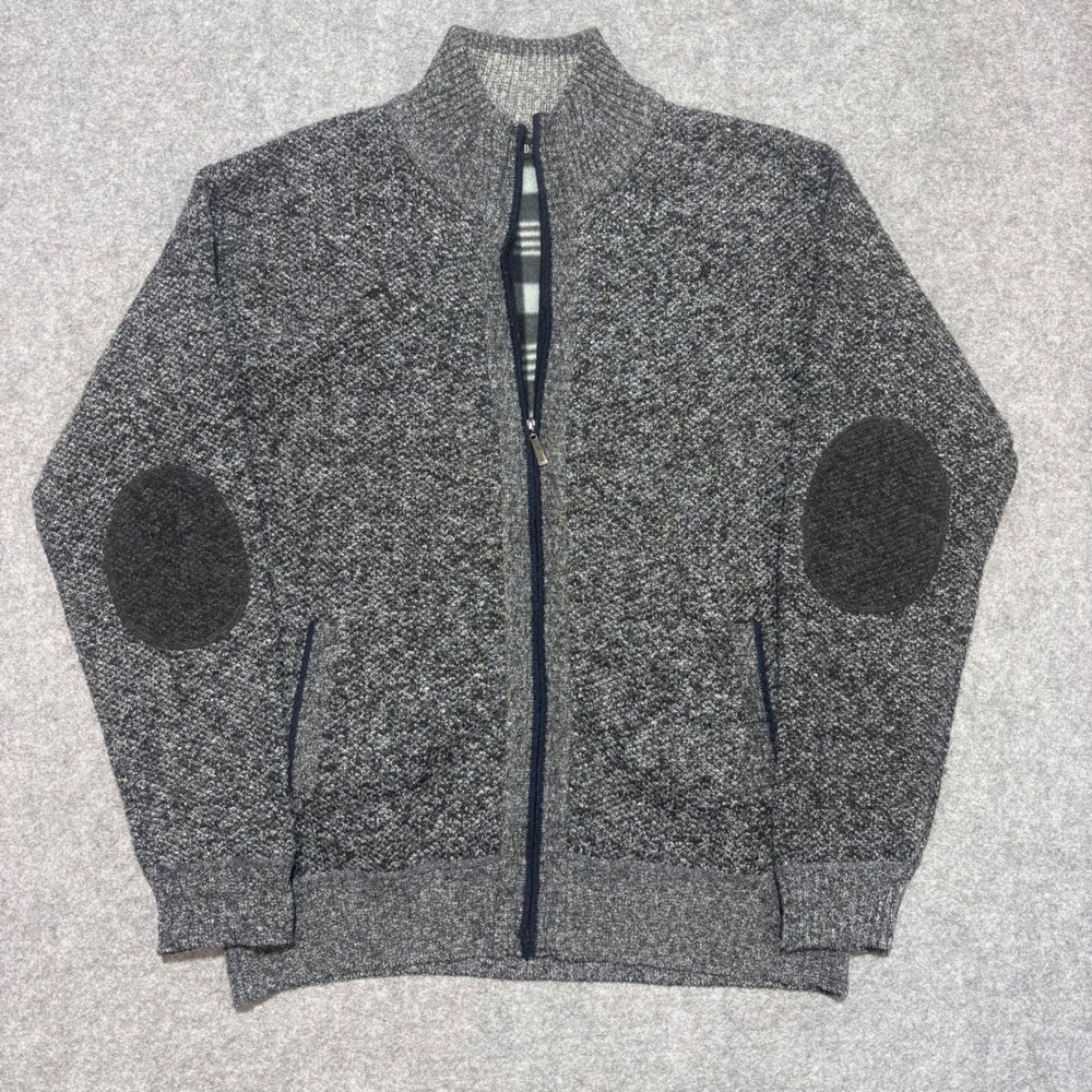Buisdaei Mens XL Gray Marl Full Zip Fleece Lined Cardigan Sweater Elbow Patches